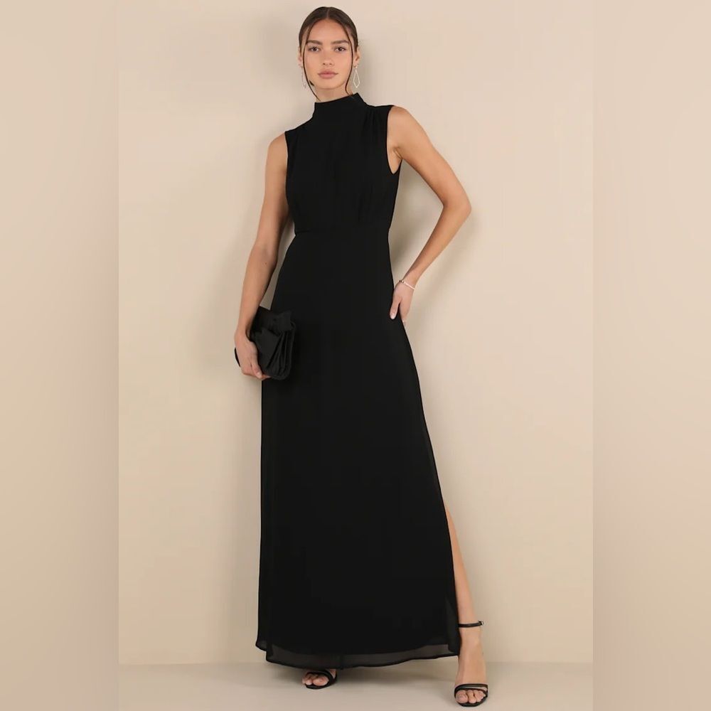 Lulus Classic Elegance Black Chiffon Sleeveless Mock Neck Maxi Dress